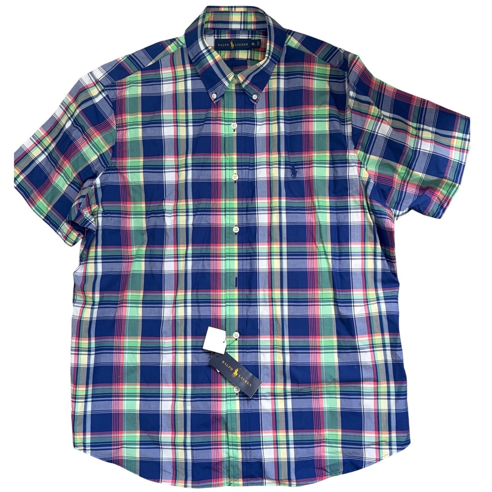 Ralph Lauren Mens XL Short Sleeve Plaid Button Down Shirt Blue Green